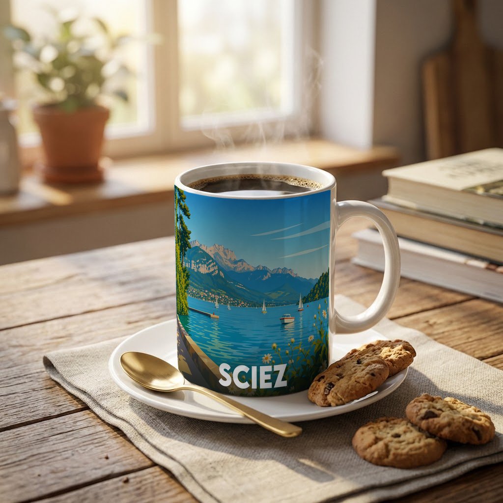 Mug souvenir de la ville de Sciez avec une illustration stylisée d'un paysage lacustre et montagneux.