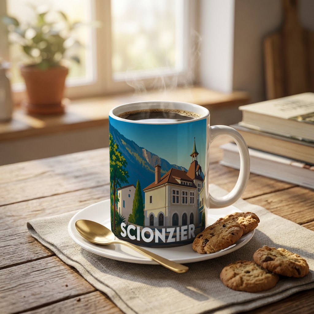 Mug souvenir de la ville de Scionzier orné d'une illustration stylisée de son architecture et de ses montagnes.