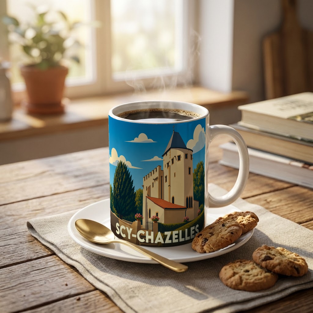 Mug souvenir de la ville de Scy-Chazelles avec une illustration stylisée de son église fortifiée.