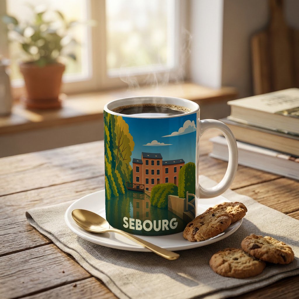 Mug souvenir de la ville de Sebourg avec une illustration stylisée d'un moulin au bord de l'eau.