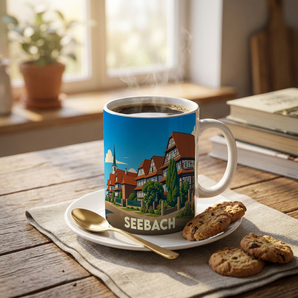 Mug souvenir de la ville de Seebach avec une illustration stylisée de maisons à colombages.