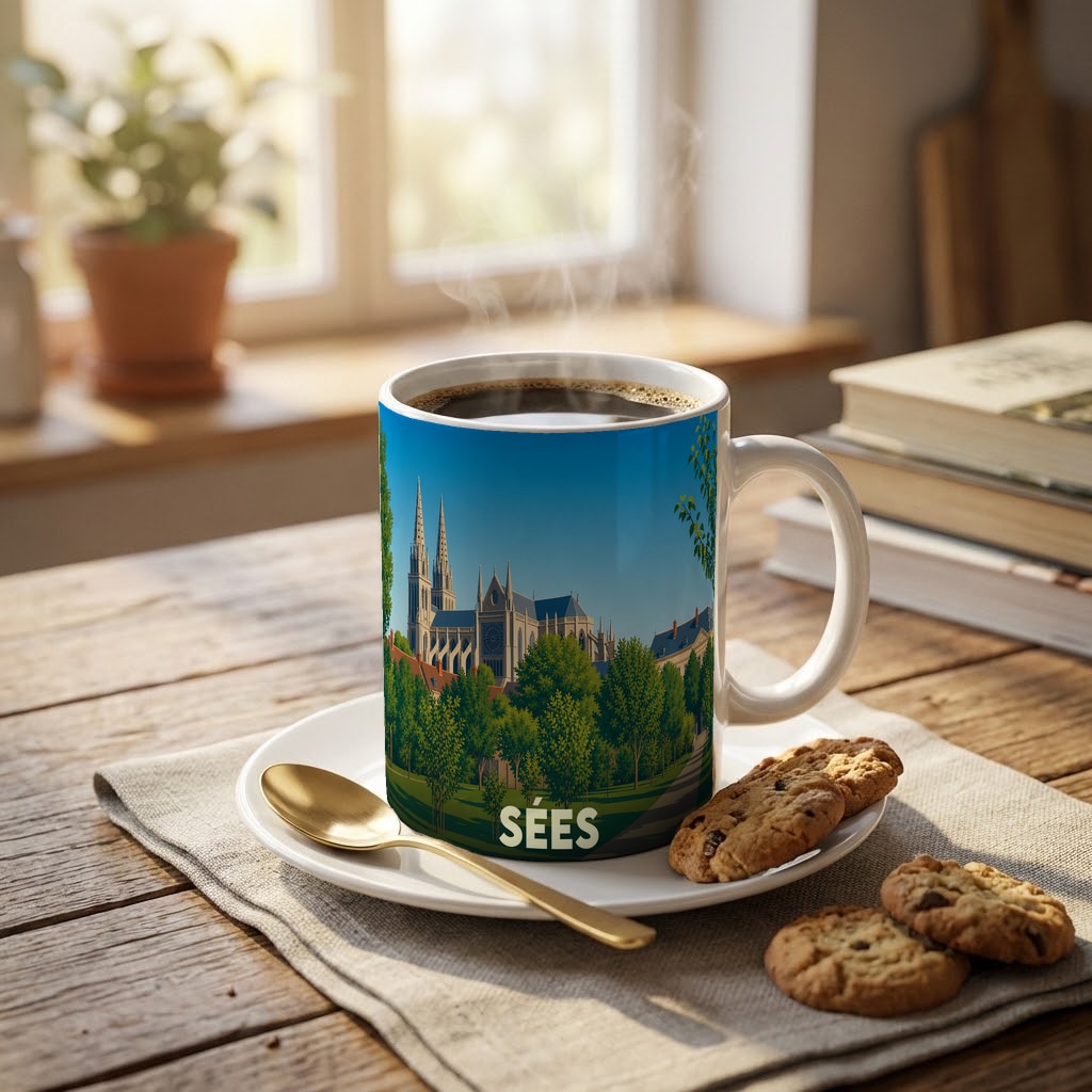 Mug souvenir de la ville de Sées illustré par une vue stylisée de sa cathédrale.