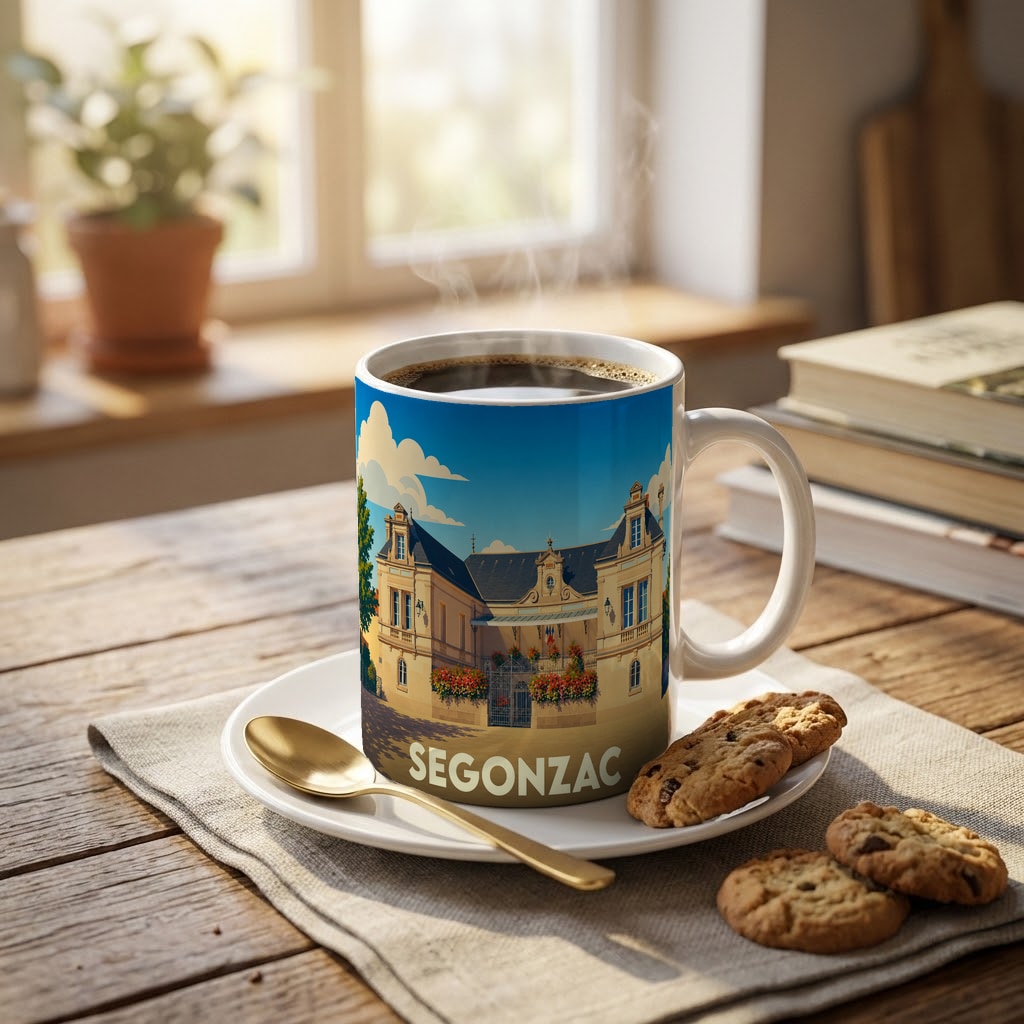 Mug souvenir de la ville de Segonzac illustré d'un bâtiment de style classique sous un ciel bleu.