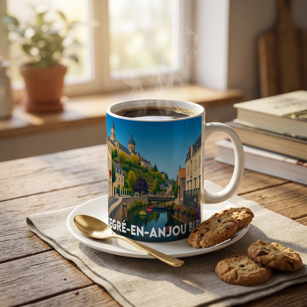 Mug souvenir de Segré-en-Anjou Bleu avec une illustration stylisée de la ville.