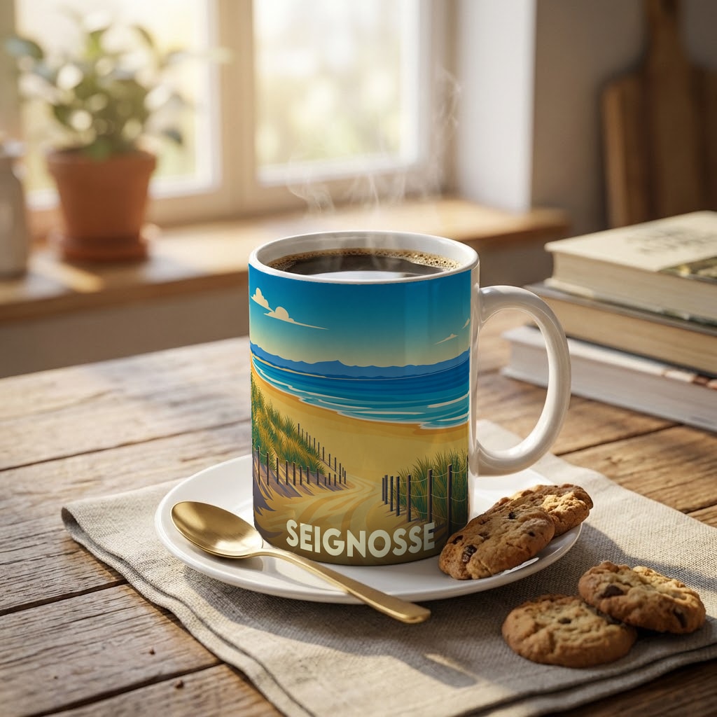 Mug souvenir de la ville de Seignosse avec une illustration stylisée de plage et de dunes.