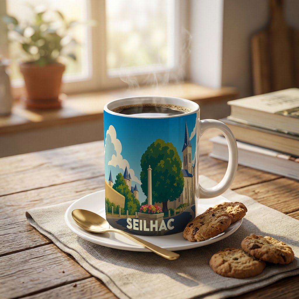 Mug souvenir de la ville de Seilhac avec une illustration stylisée d'un paysage urbain.