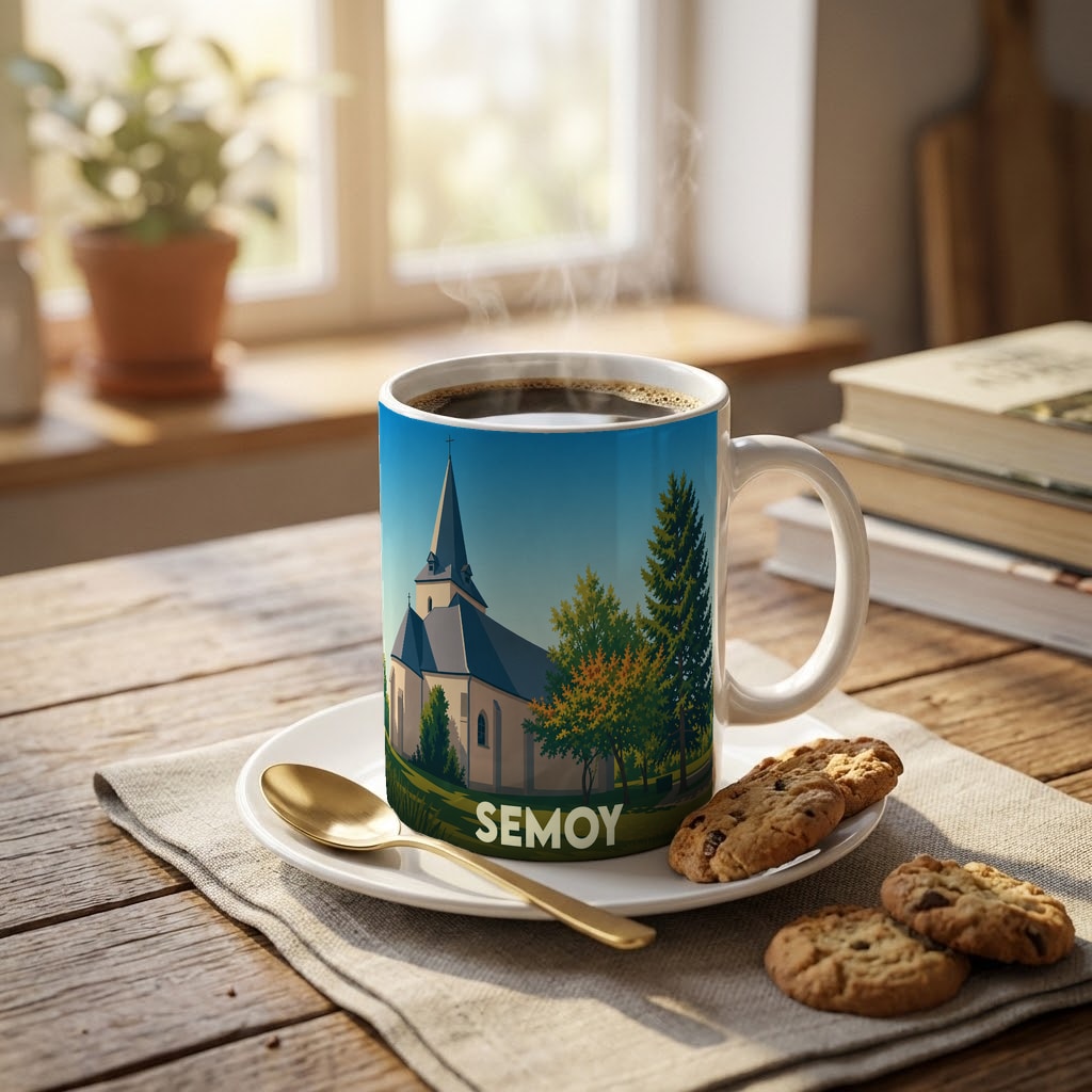 Mug souvenir de la ville de Semoy avec une illustration stylisée d'une église et de paysages arborés.
