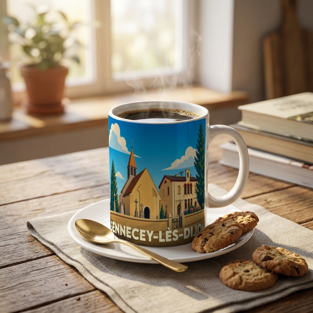 Mug souvenir de la ville de Sennecey-lès-Dijon orné d'une illustration stylisée de son église.