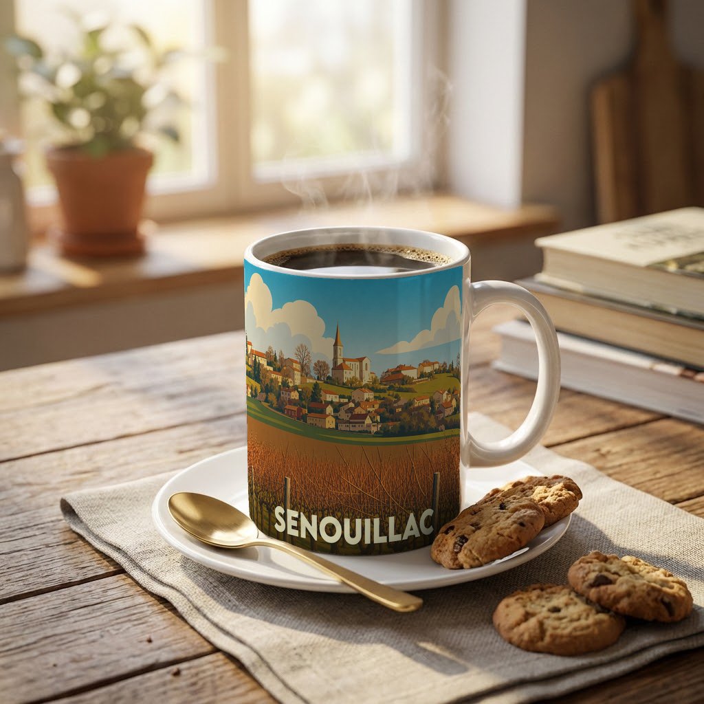 Mug souvenir de la ville de Senouillac orné d'une illustration stylisée de son paysage urbain et de ses vignobles.