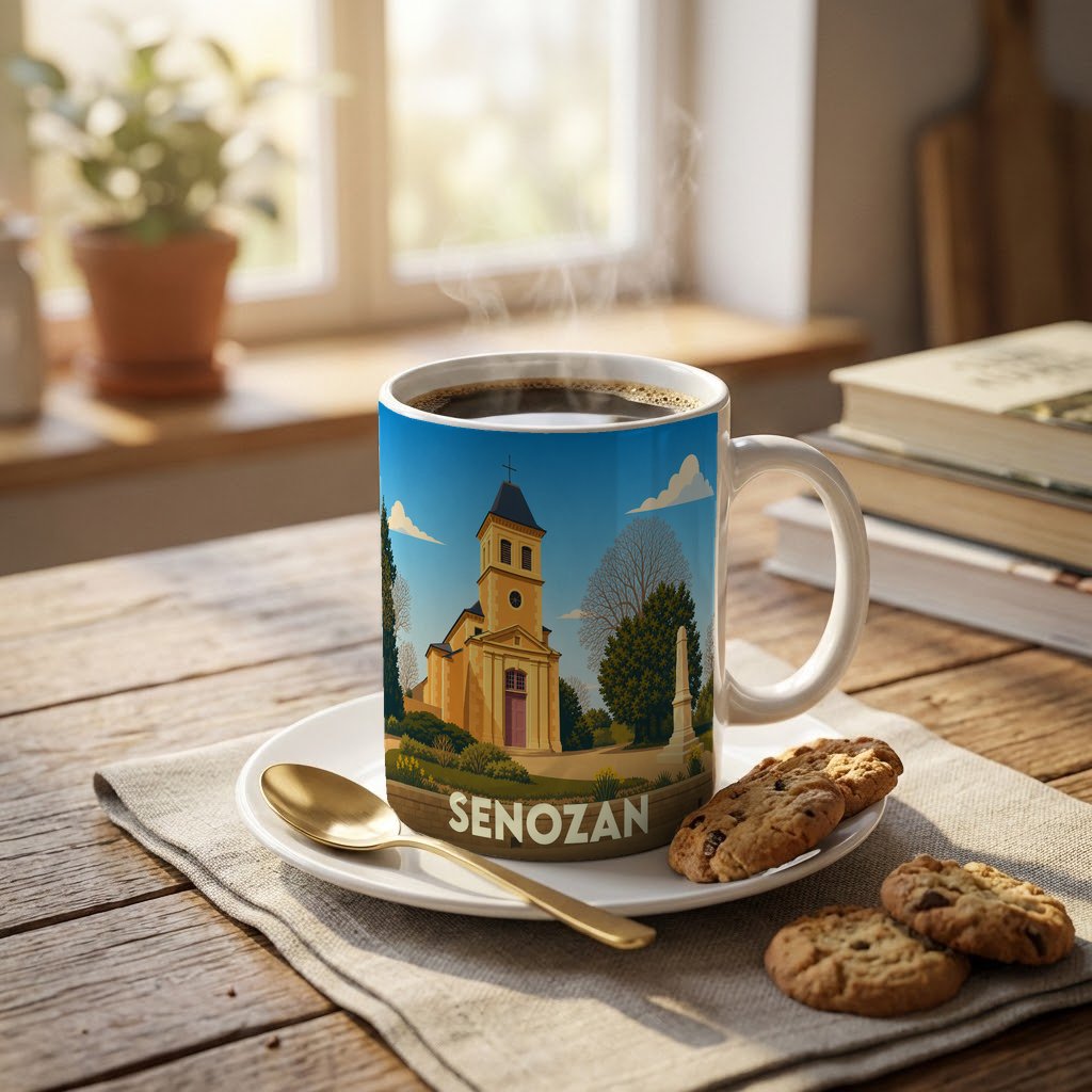 Mug souvenir de la ville de Senozan orné d'une illustration stylisée de son église.