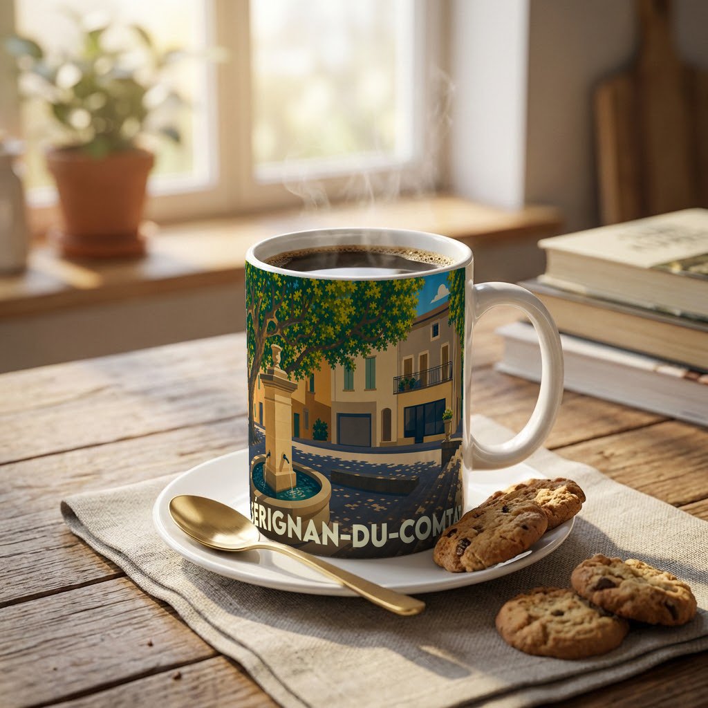 Mug souvenir de Sérignan-du-Comtat orné d'une illustration stylisée de la ville.