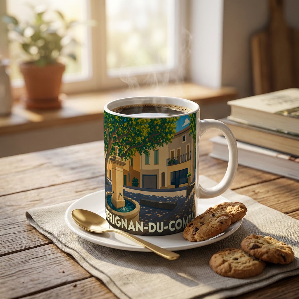 Mug souvenir de Sérignan-du-Comtat orné d'une illustration stylisée de la ville.
