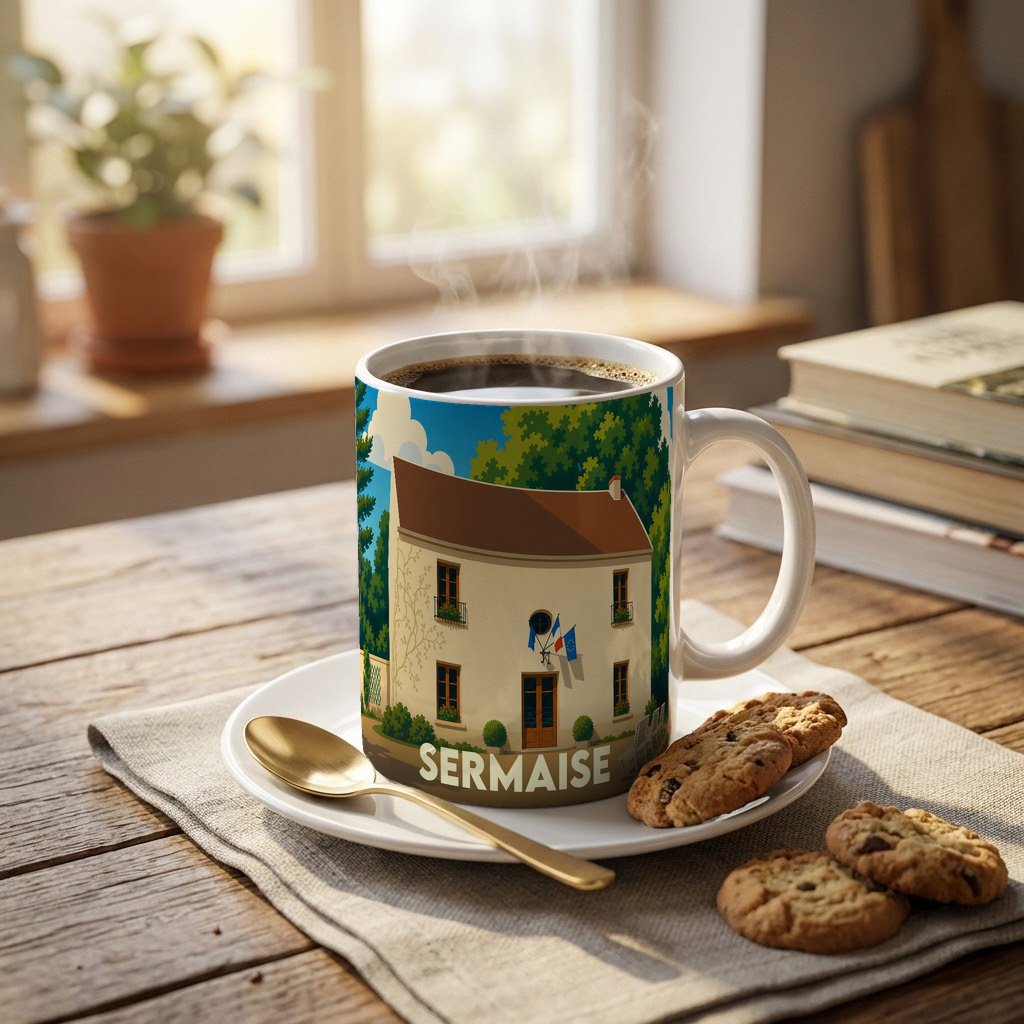 Mug souvenir de la ville de Sermaise avec une illustration stylisée de sa mairie.