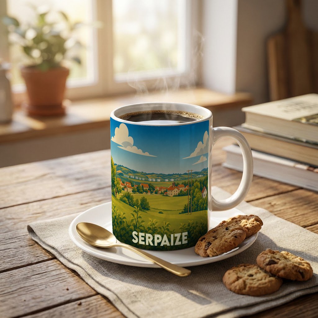 Mug souvenir de la ville de Serpaize orné d'une illustration paysagère stylisée.