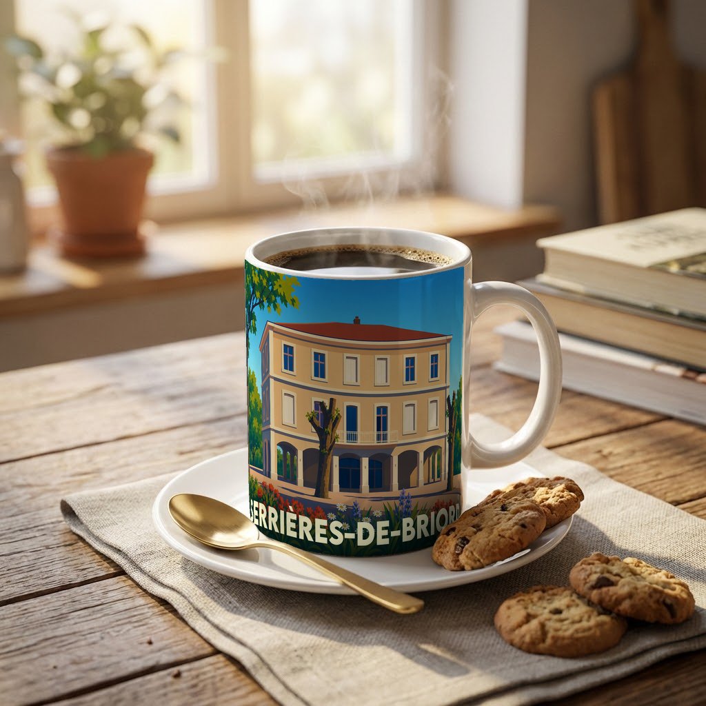 Mug souvenir de la ville de Serrières-de-Briord orné d'une illustration stylisée de bâtiment ancien.