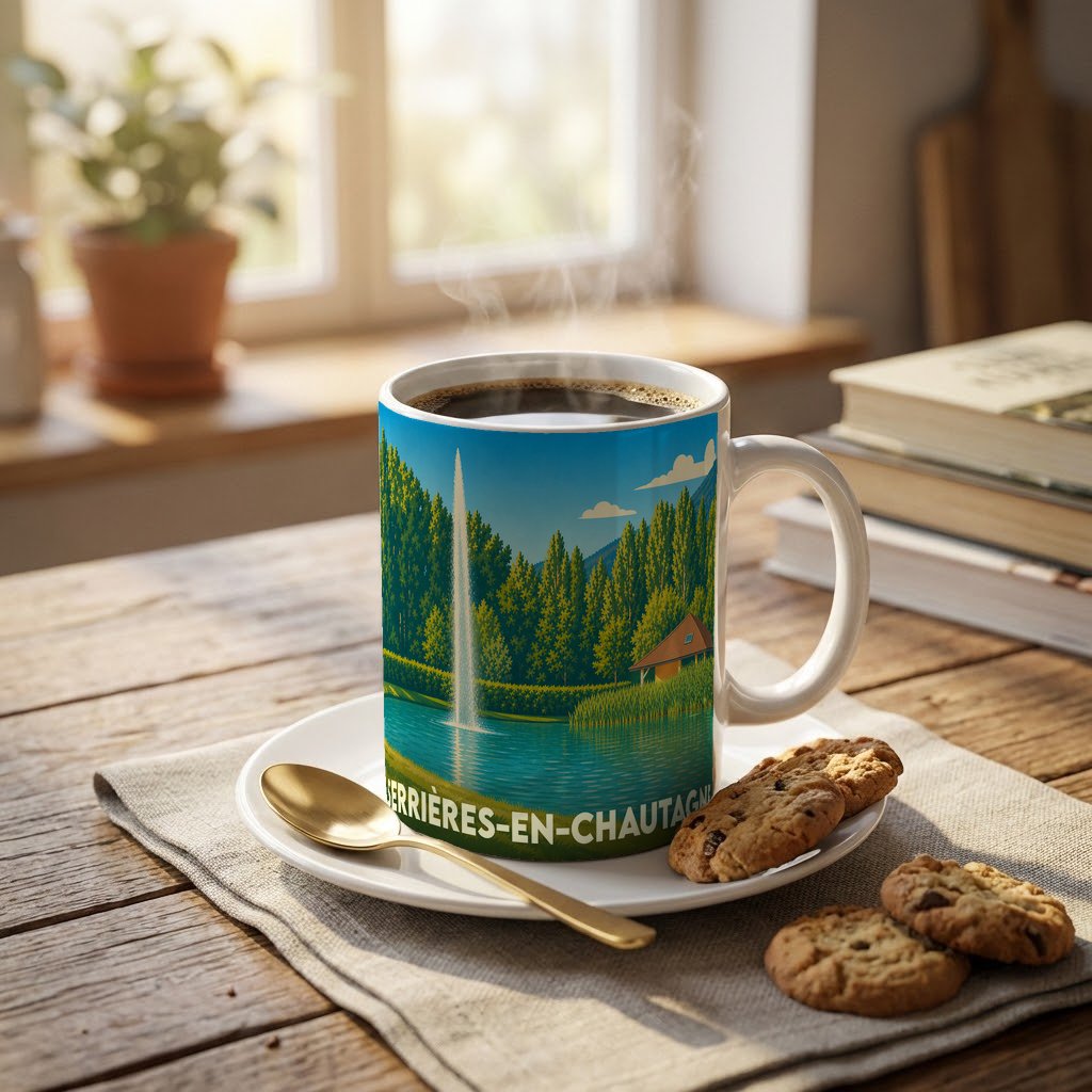 Mug souvenir de la ville de Serrières-en-Chautagne avec une illustration stylisée de son paysage.