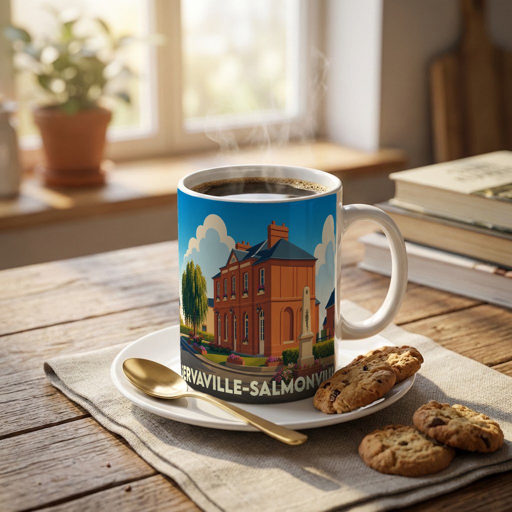 Mug souvenir de la ville de Servaville-Salmonville illustré d'un bâtiment en briques rouges.