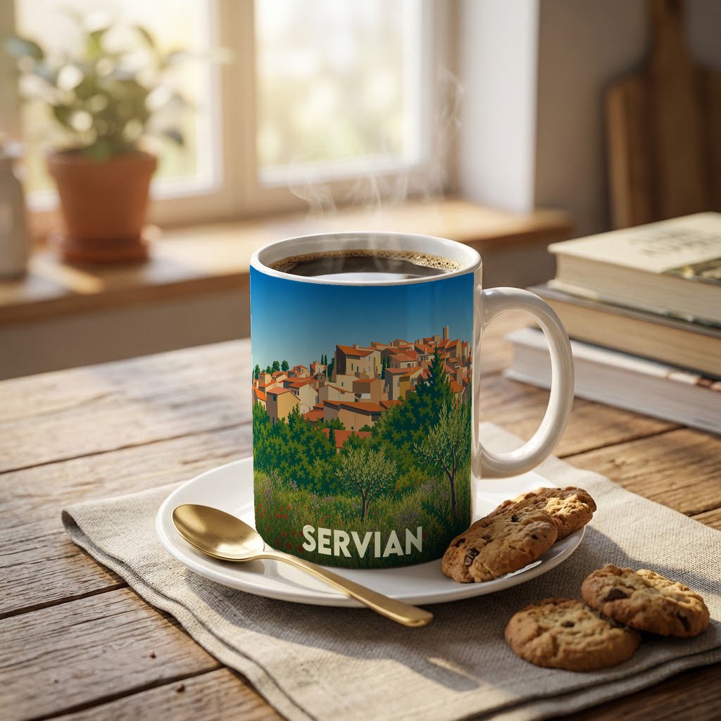 Mug souvenir de la ville de Servian avec une illustration stylisée d'un village méditerranéen.