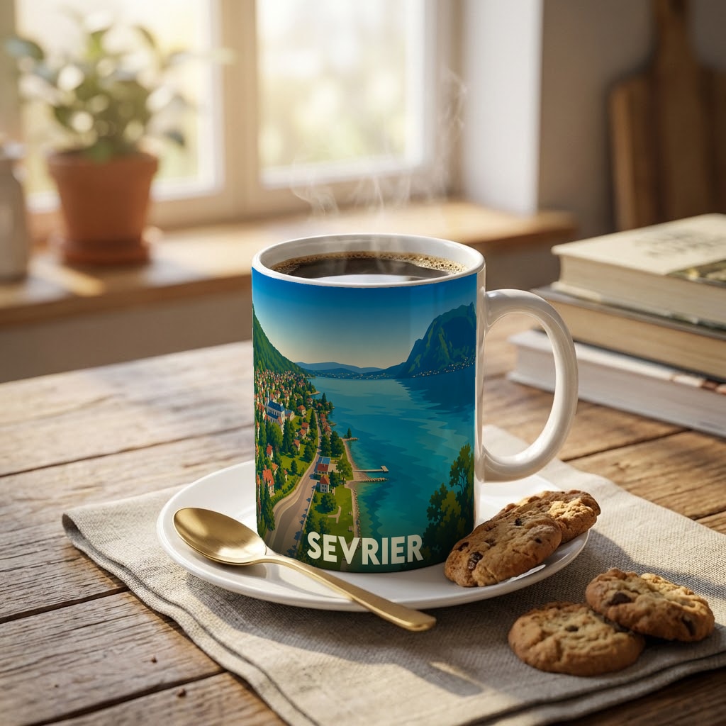 Mug souvenir de la ville de Sevrier illustré d'un paysage lacustre stylisé.