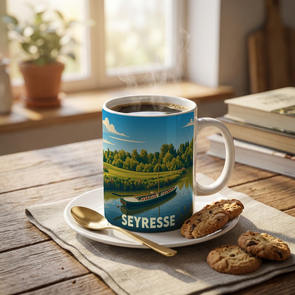 Mug souvenir de la ville de Seyresse avec une illustration stylisée d'une barque sur une rivière.