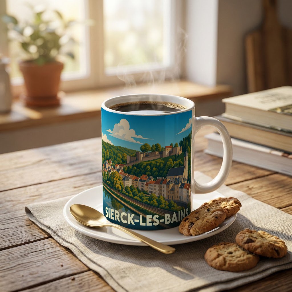 Mug souvenir de la ville de Sierck-les-Bains avec une illustration stylisée d'un paysage urbain et historique.