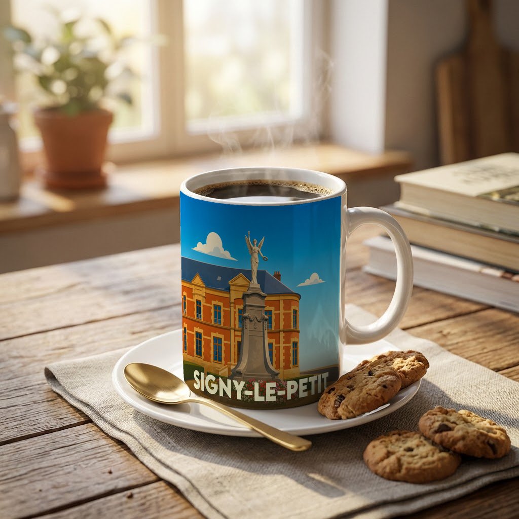 Mug souvenir de la ville de Signy-le-Petit avec une illustration stylisée d'un monument historique.