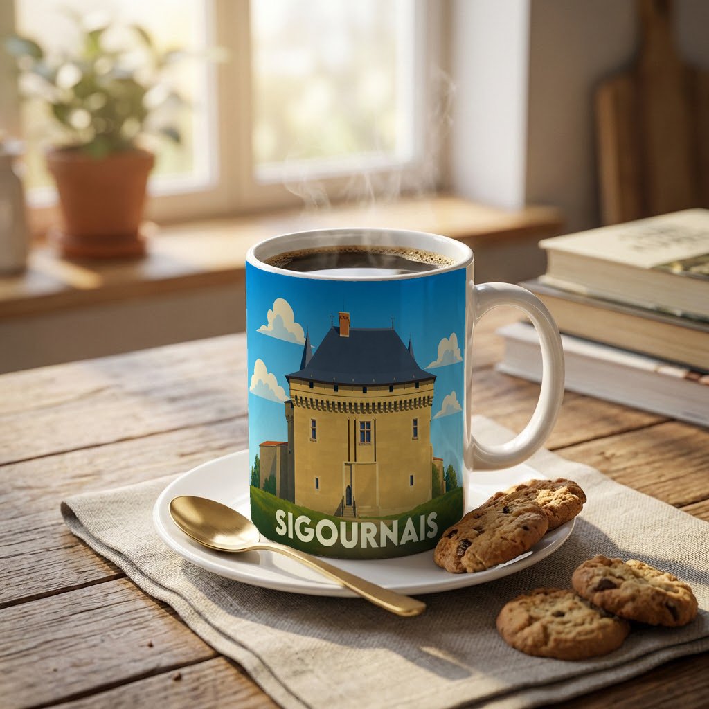 Mug souvenir de la ville de Sigournais orné d'une illustration stylisée du château local.