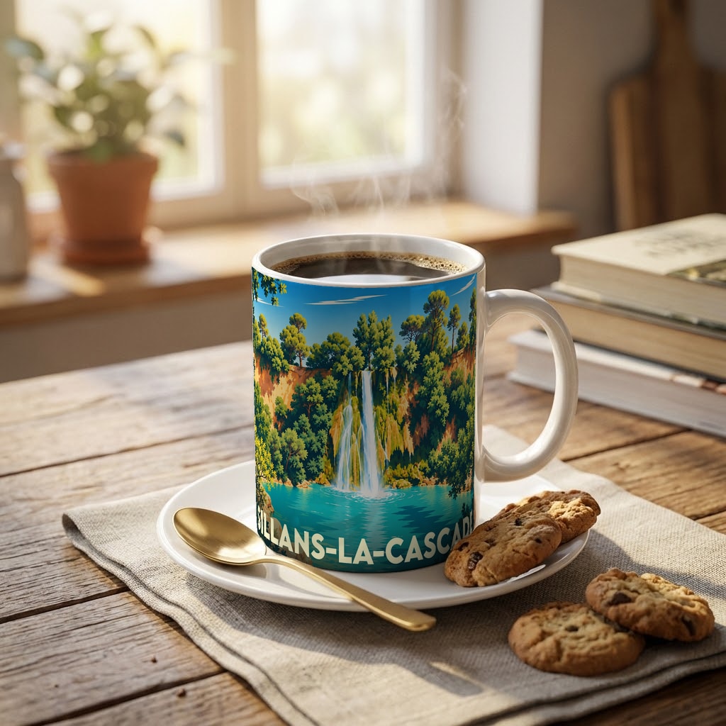 Mug souvenir de Sillans-la-Cascade orné d'une illustration stylisée de sa cascade emblématique.