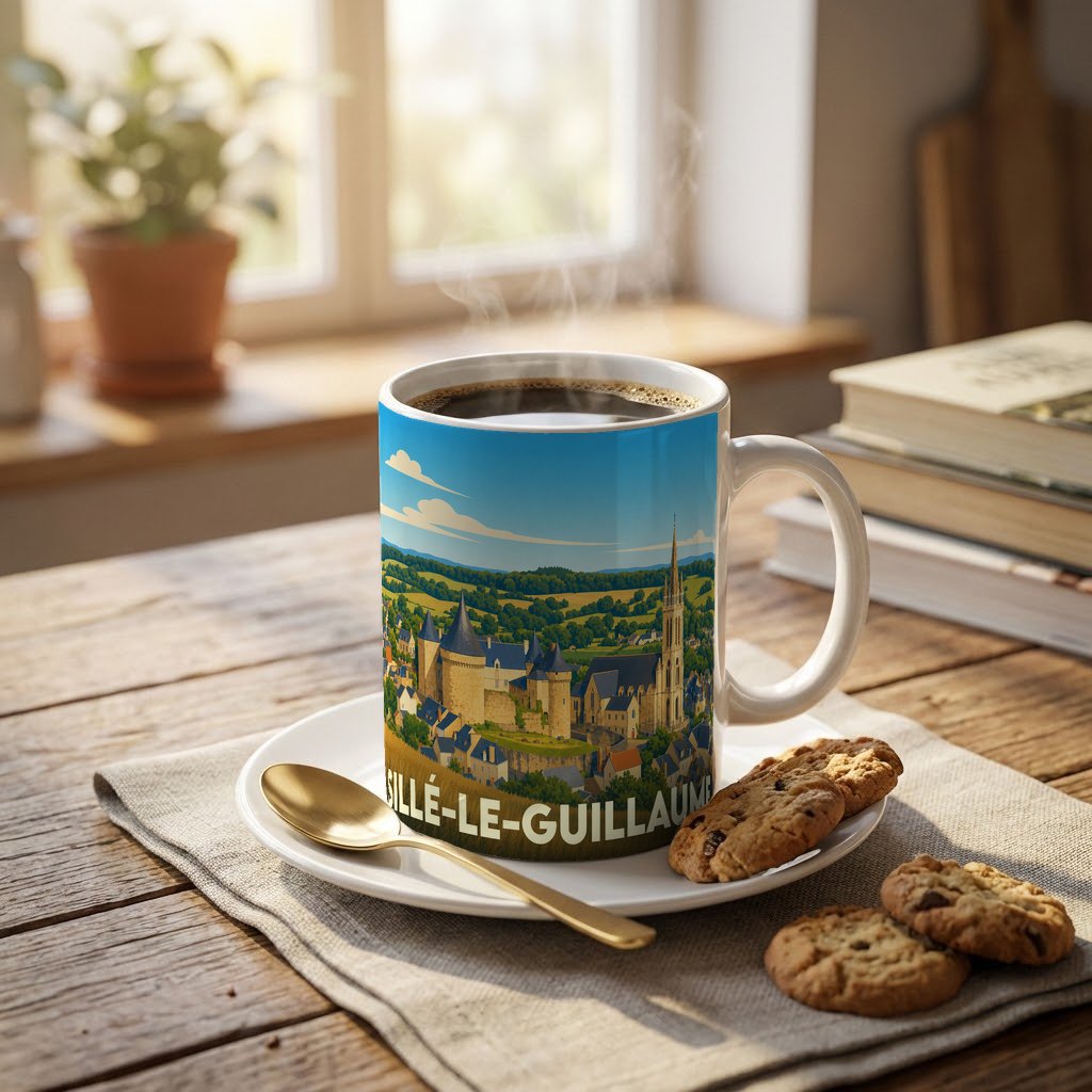 Mug souvenir de la ville de Sillé-le-Guillaume orné d'une illustration panoramique stylisée.