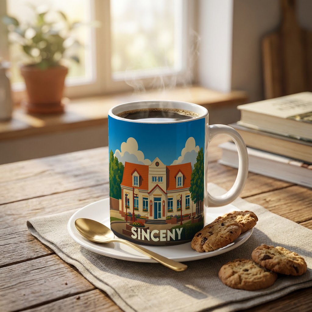 Mug souvenir de la ville de Sinceny orné d'une illustration stylisée de sa mairie.