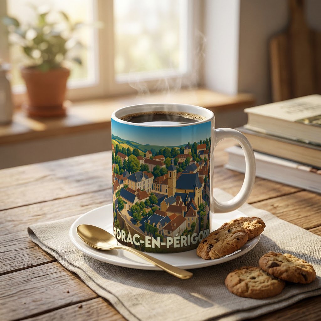 Mug souvenir de la ville de Siorac-en-Périgord orné d'une illustration panoramique colorée.