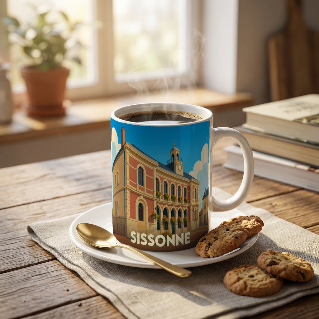Mug souvenir de la ville de Sissonne avec une illustration stylisée de son hôtel de ville.