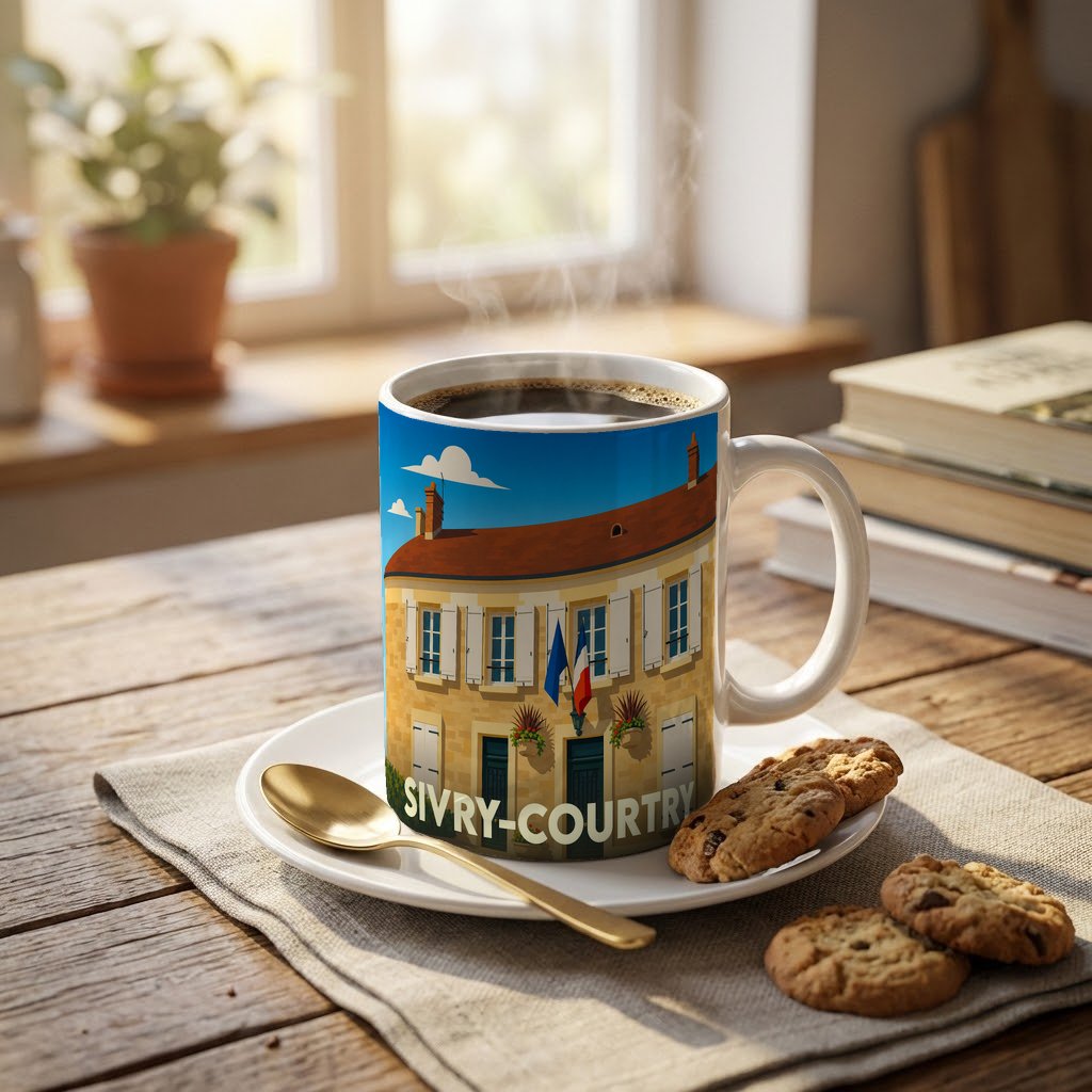 Mug souvenir de la ville de Sivry-Courtry illustré par une scène urbaine stylisée.