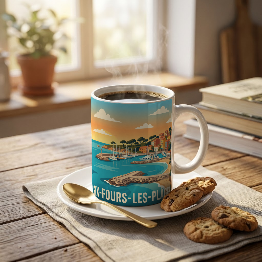 Mug souvenir de la ville de Six-Fours-les-Plages avec une illustration stylisée.