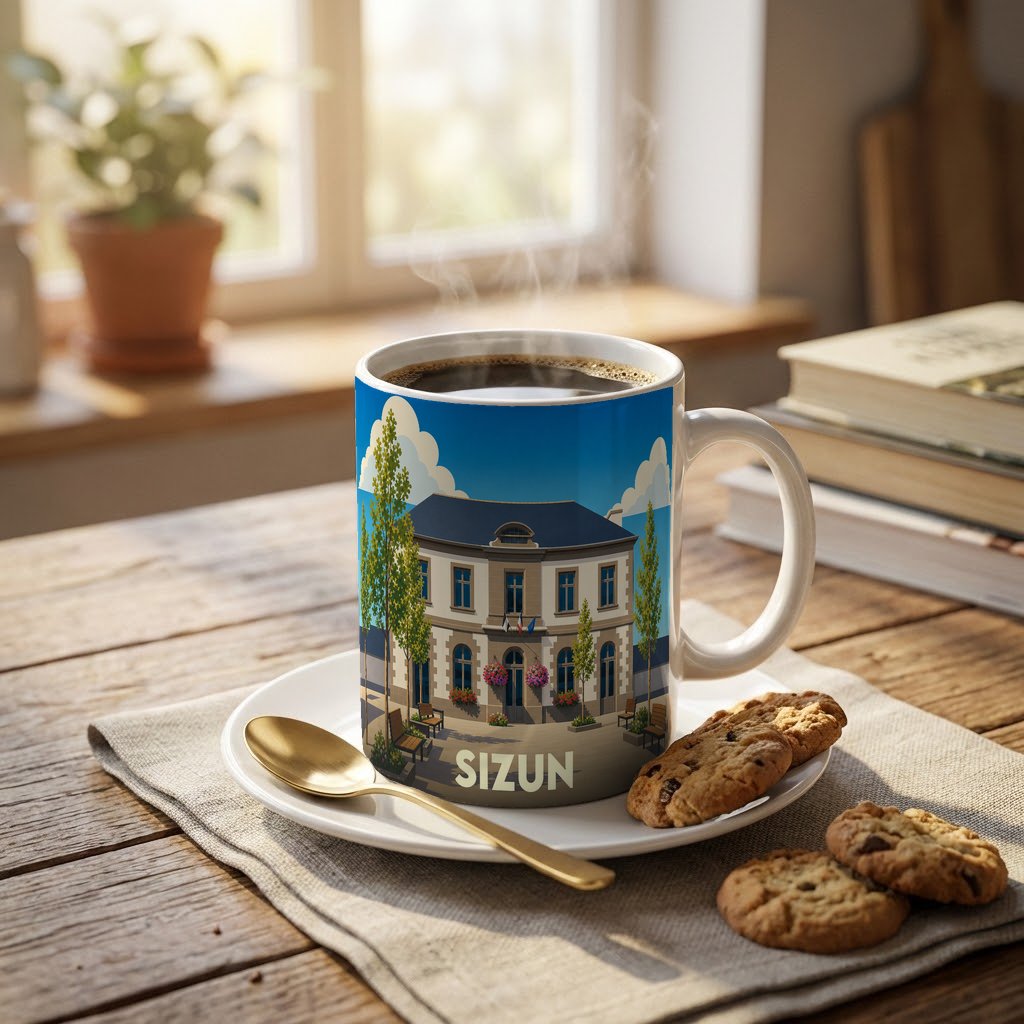 Mug souvenir de la ville de Sizun illustré d'un bâtiment typique sous un ciel bleu.
