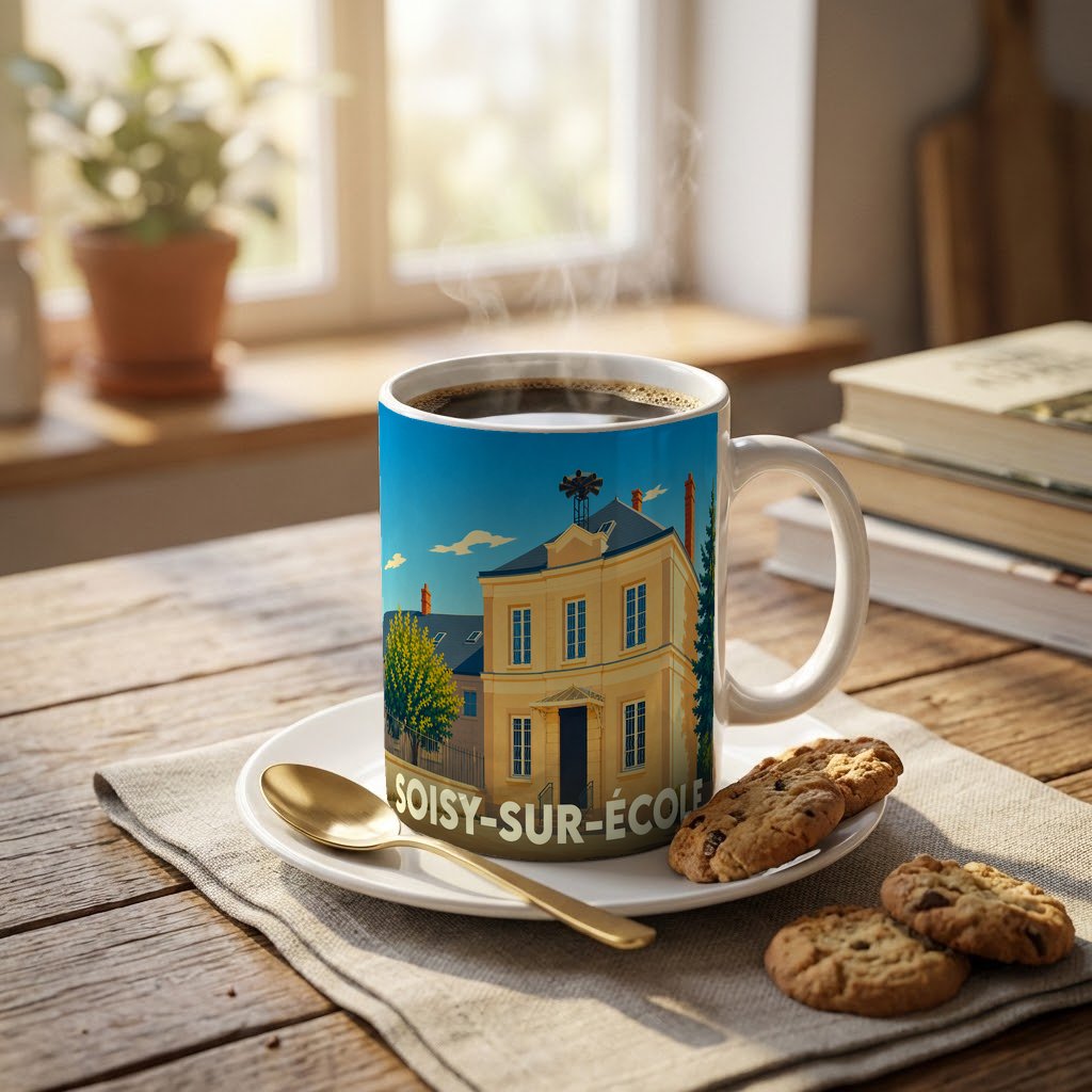Mug souvenir de la ville de Soisy-sur-École avec une illustration stylisée d'un bâtiment remarquable.