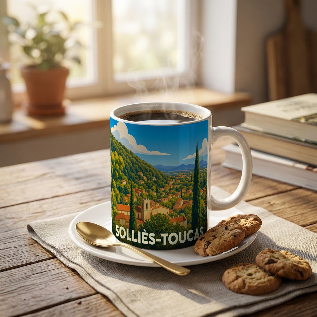 Mug souvenir de la ville de Solliès-Toucas avec une illustration stylisée de son paysage provençal.