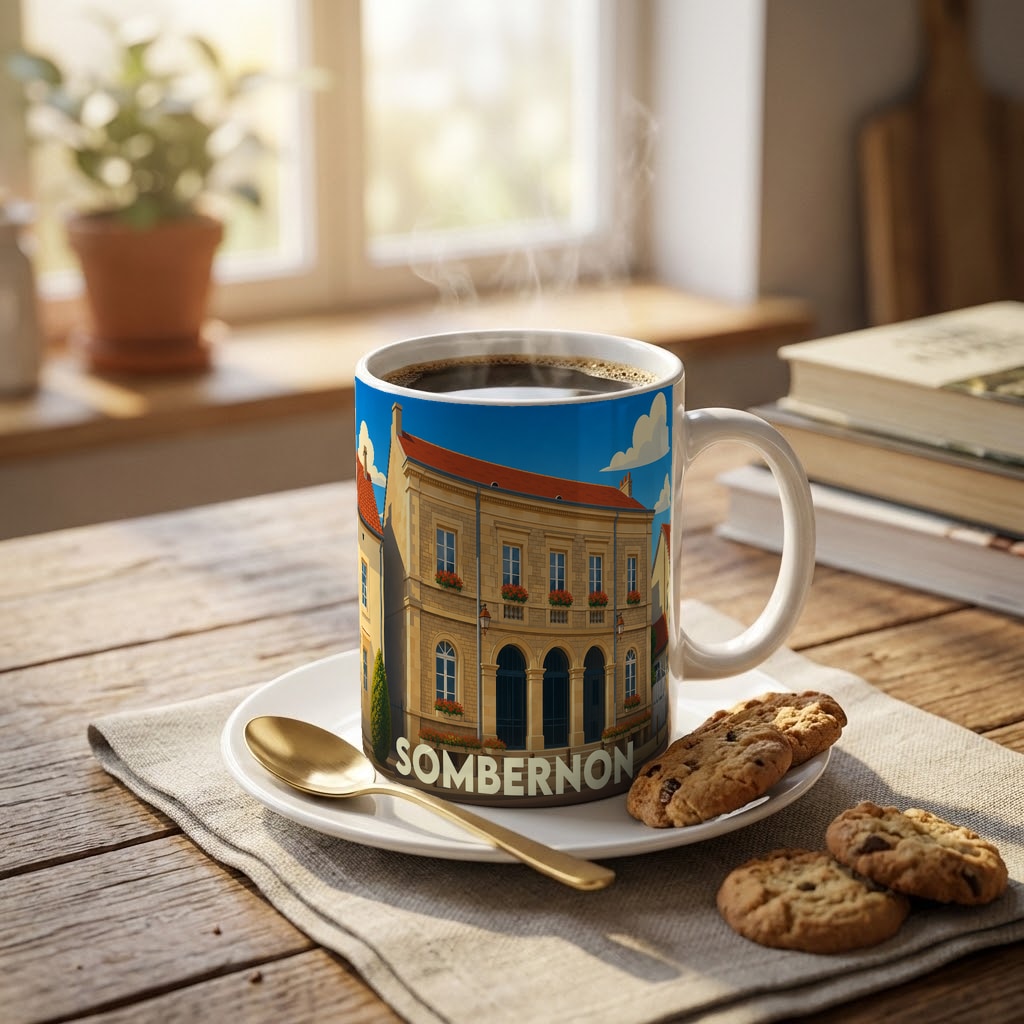 Mug souvenir de la ville de Sombernon avec une illustration stylisée d'un bâtiment historique.