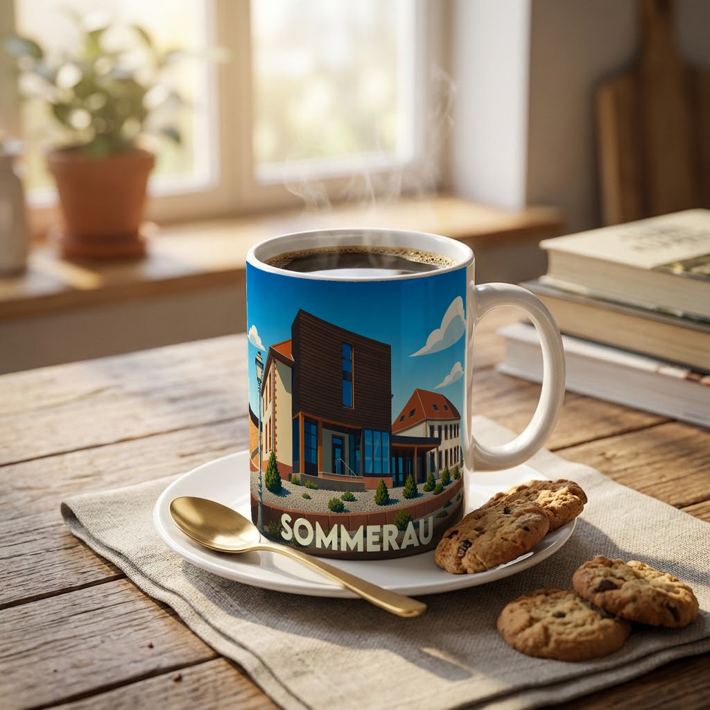 Mug souvenir de la ville de Sommerau orné d'une illustration moderne et stylisée de ses bâtiments.