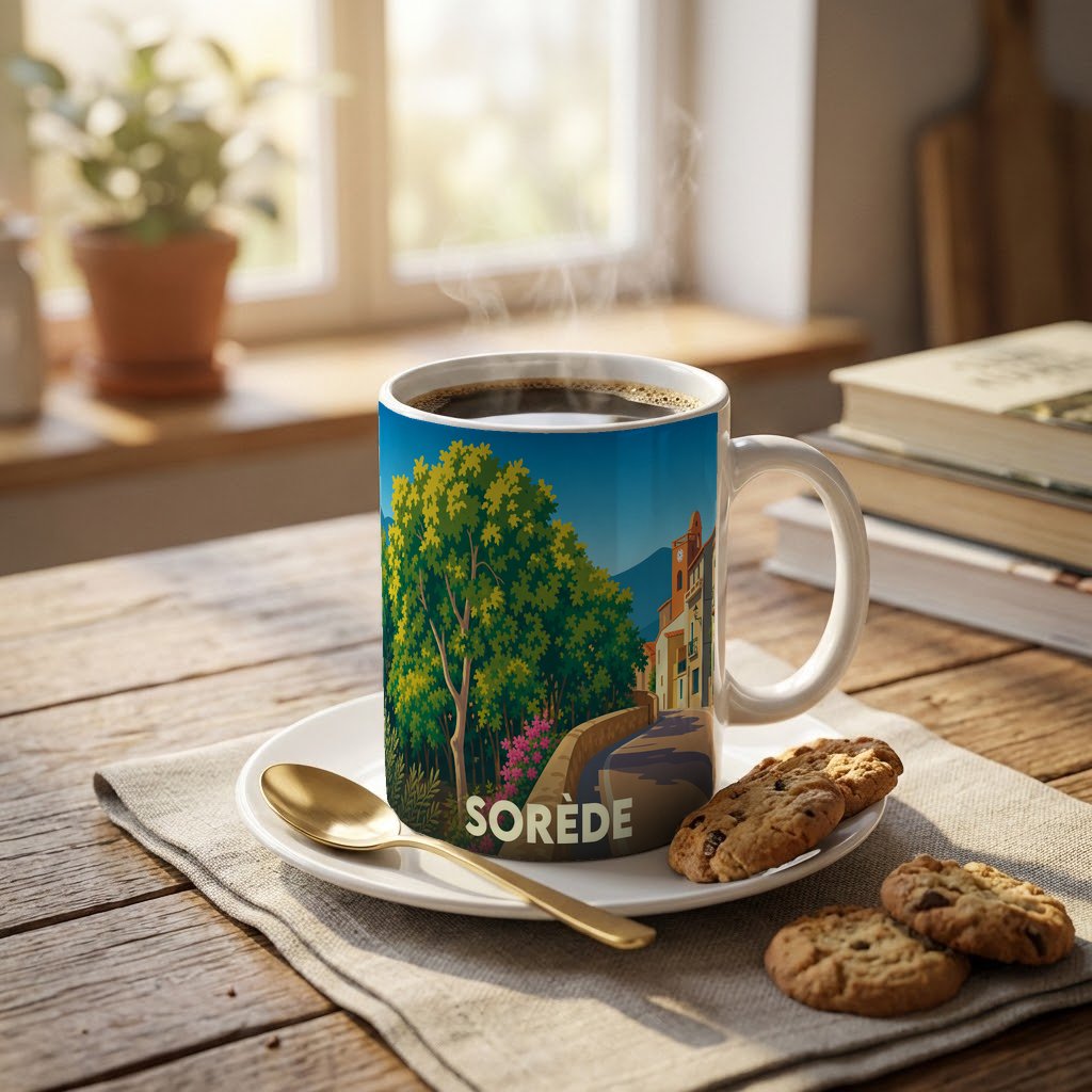 Mug souvenir de la ville de Sorède orné d'une illustration colorée et stylisée de ses rues.