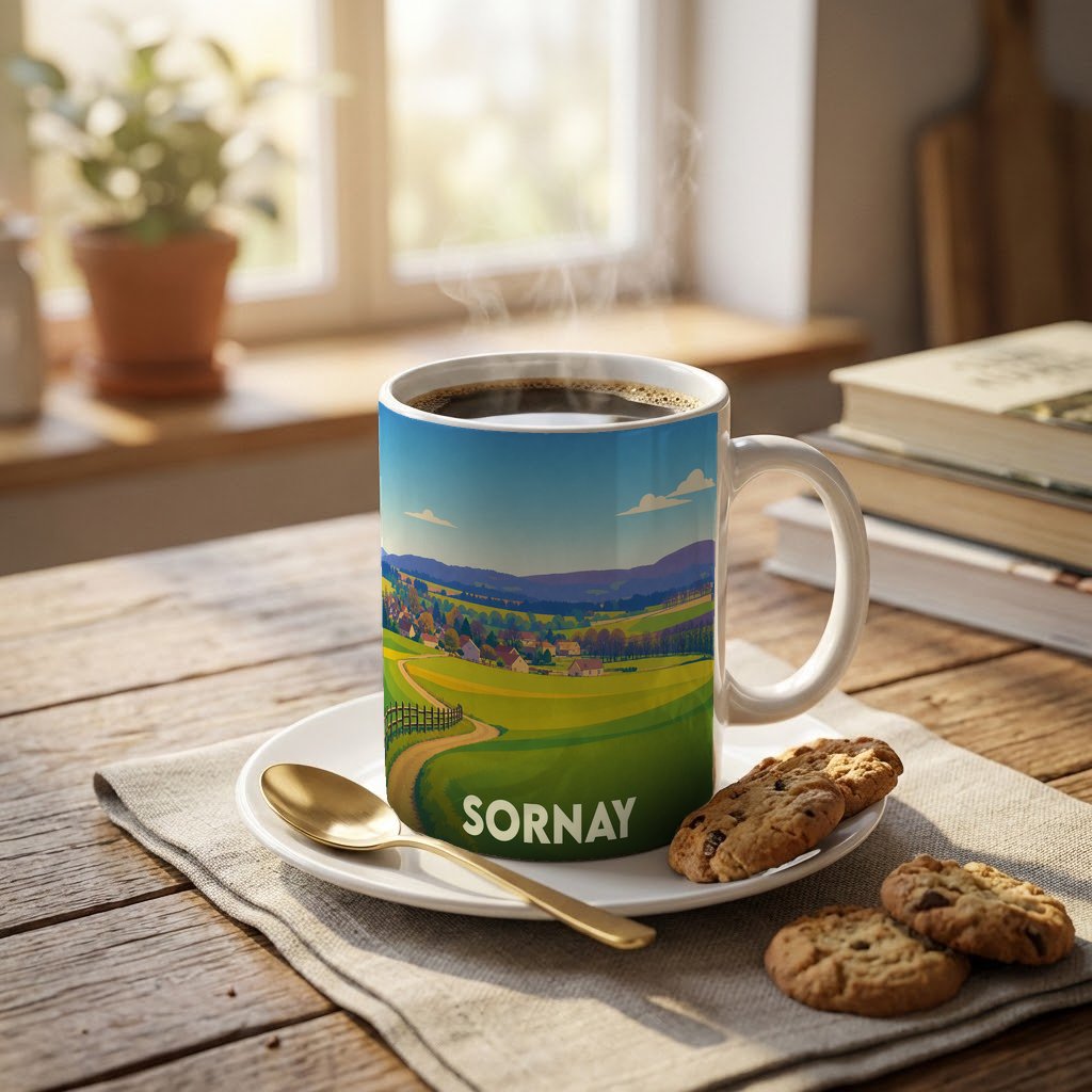 Mug souvenir de la ville de Sornay illustré d'un paysage rural stylisé.