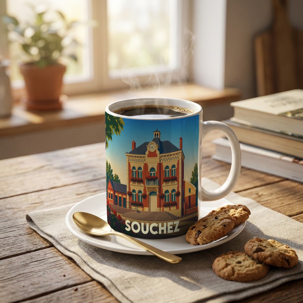 Mug souvenir de la ville de Souchez avec une illustration stylisée de son hôtel de ville.