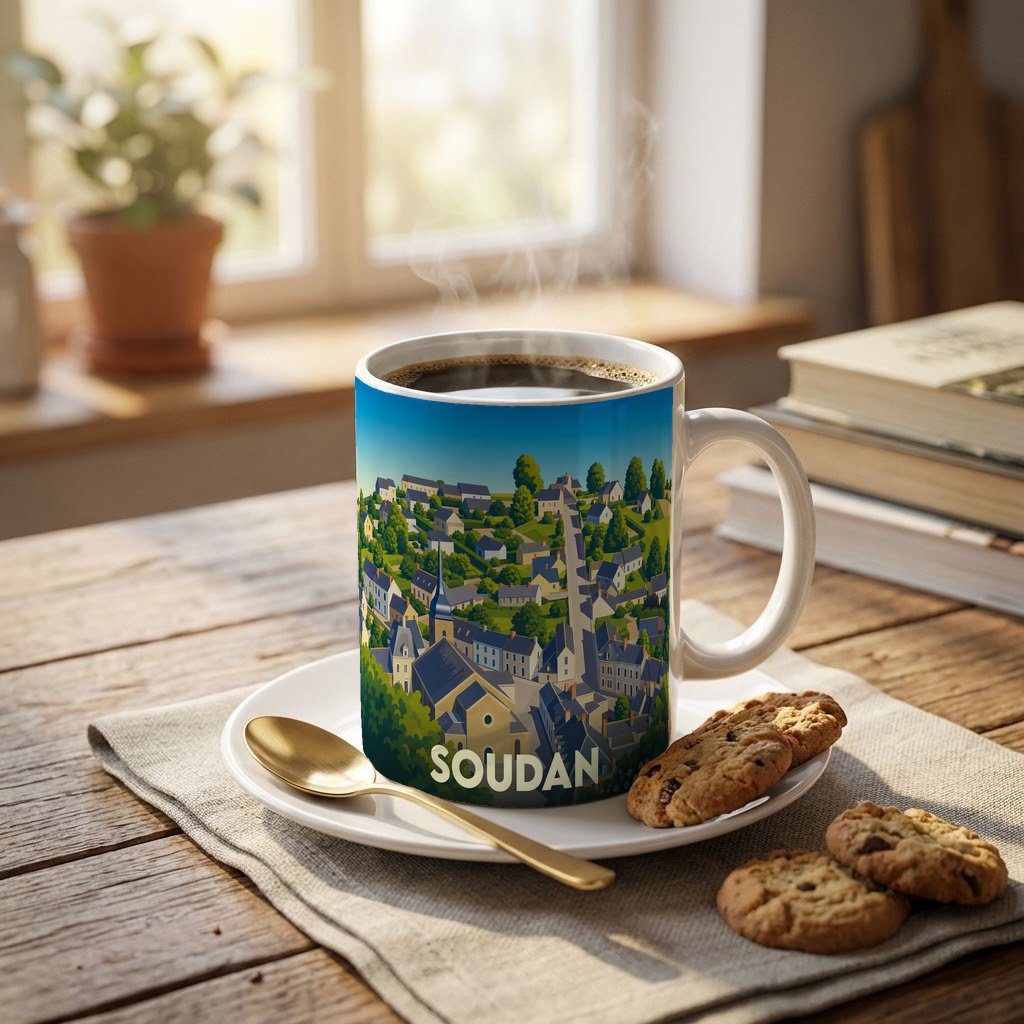 Mug souvenir de la ville de Soudan avec une illustration stylisée d'un village vallonné.