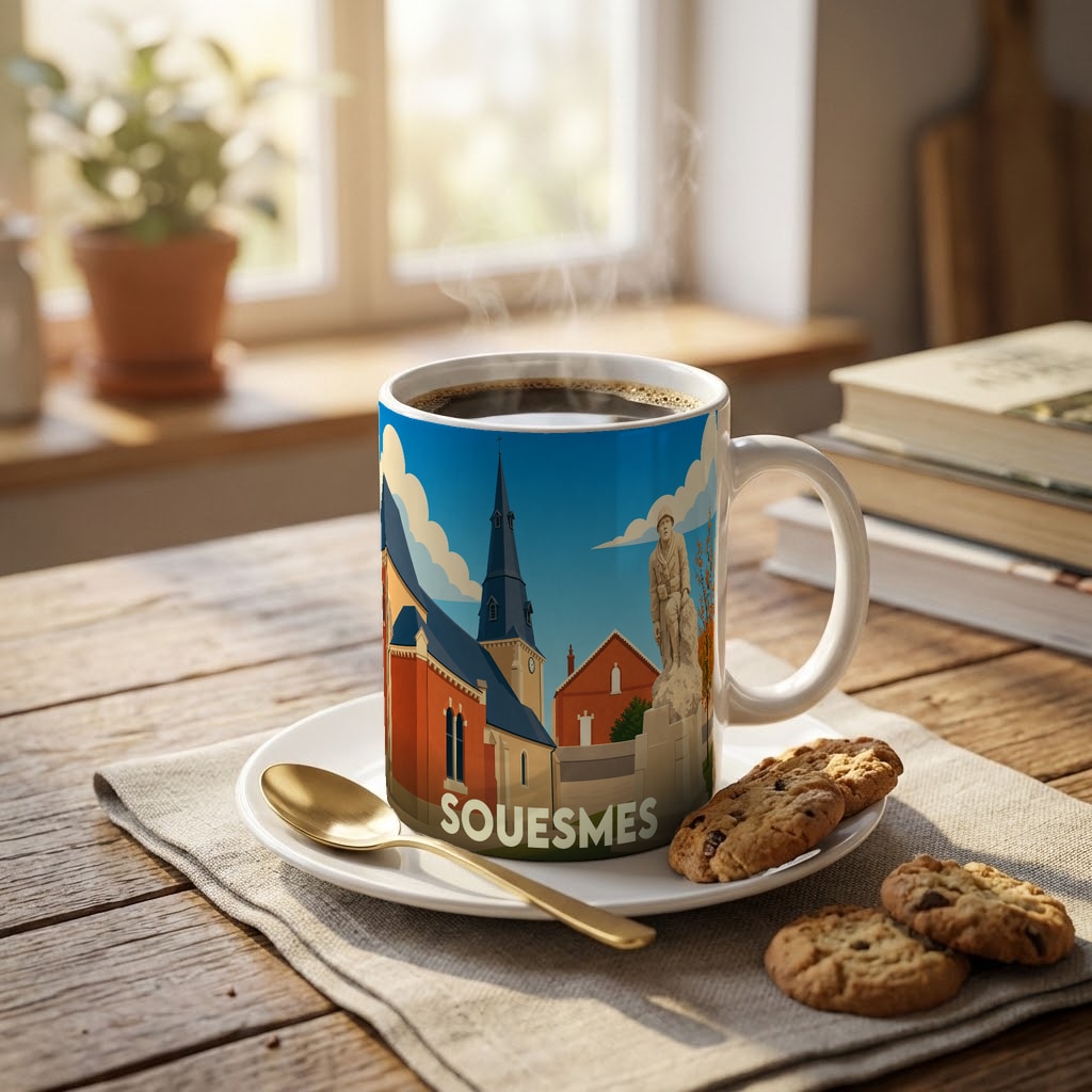 Mug souvenir de la ville de Souesmes illustré d'un paysage urbain stylisé avec son église et un monument.