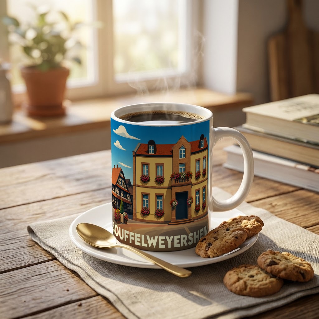 Mug souvenir de la ville de Souffelweyersheim orné d'une illustration stylisée de ses façades traditionnelles fleuries.