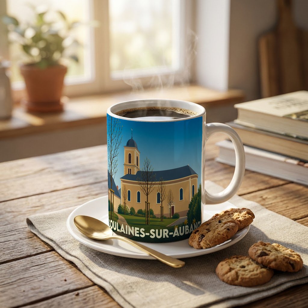 Mug souvenir de la ville de Soulaines-sur-Aubance orné d'une illustration stylisée de son église.