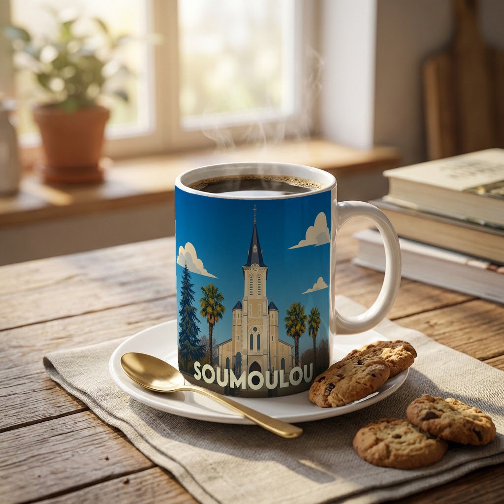 Mug souvenir de la ville de Soumoulou illustré d'une église stylisée sous un ciel bleu.