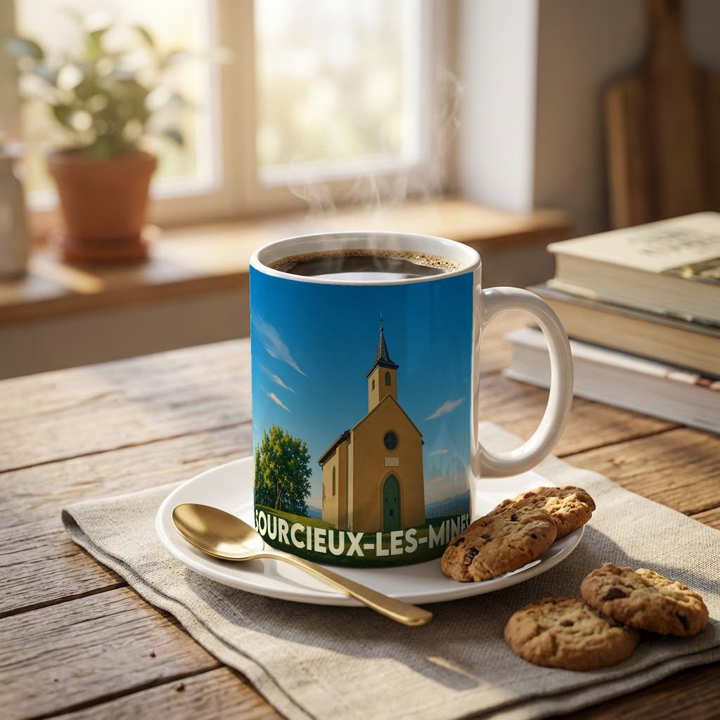 Mug souvenir de la ville de Sourcieux-les-Mines avec une illustration stylisée d'une église locale.