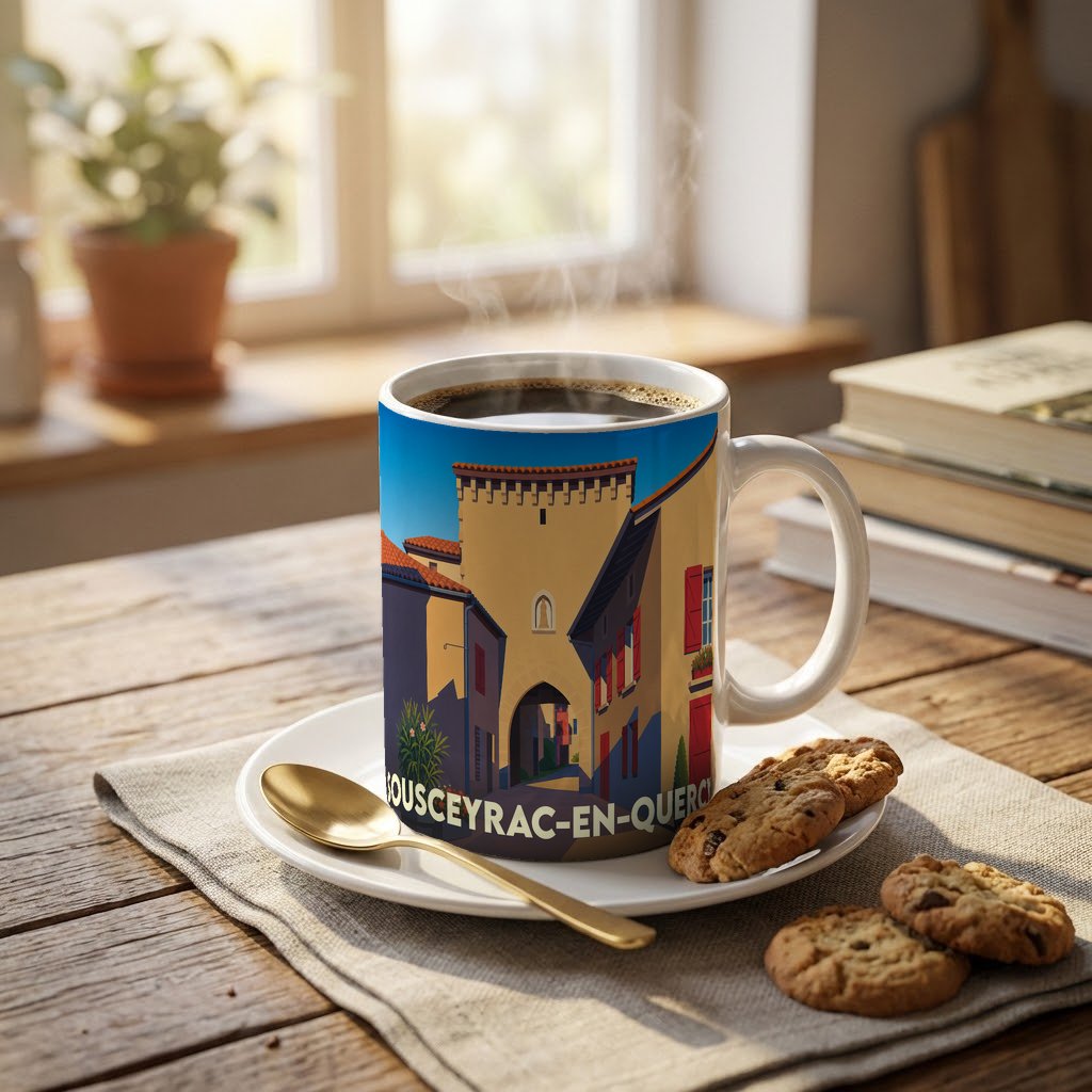 Mug souvenir de la ville de Sousceyrac-en-Quercy orné d'une illustration stylisée de son architecture médiévale.