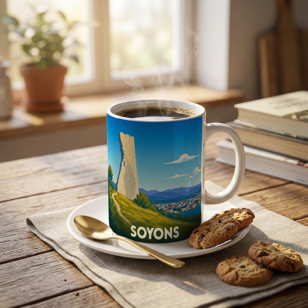 Mug souvenir de la ville de Soyons avec une illustration stylisée d'une tour médiévale.